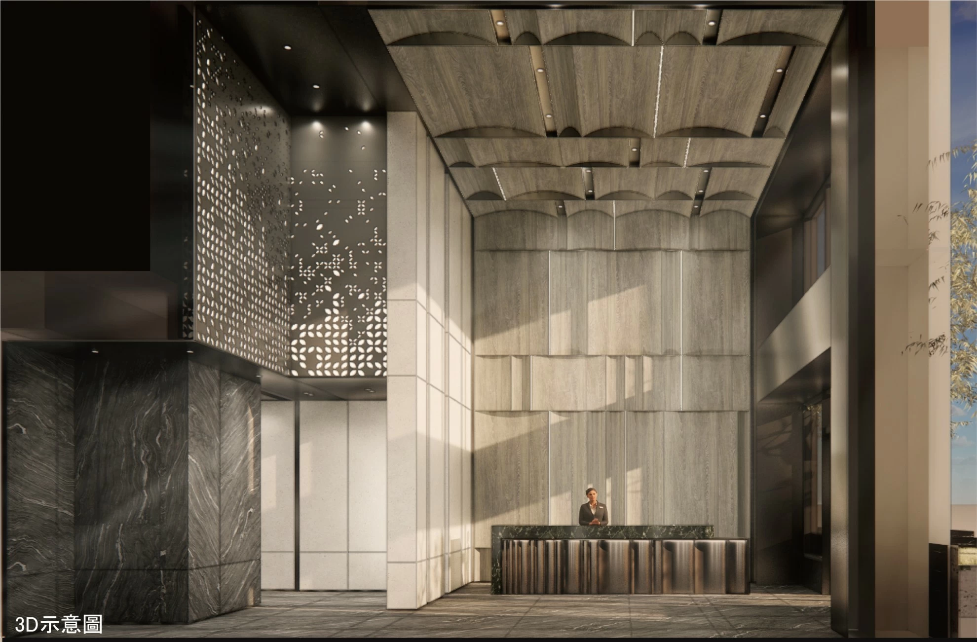 昕原澍 美山林建設-昕原澍室內公設3D示意圖-大廳入口